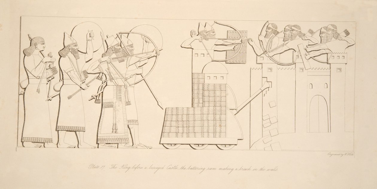 O rei antes de um castelo retorcido, o aríete fazendo uma brecha nas paredes, de Monuments of Nineveh, pub. 1849 de Austen Henry Layard