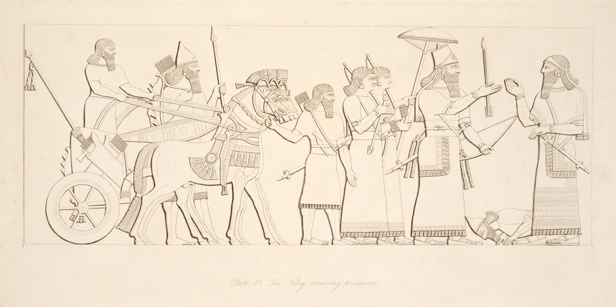 O Rei recebendo prisioneiros, de Monuments of Nineveh, pub. 1849 de Austen Henry Layard