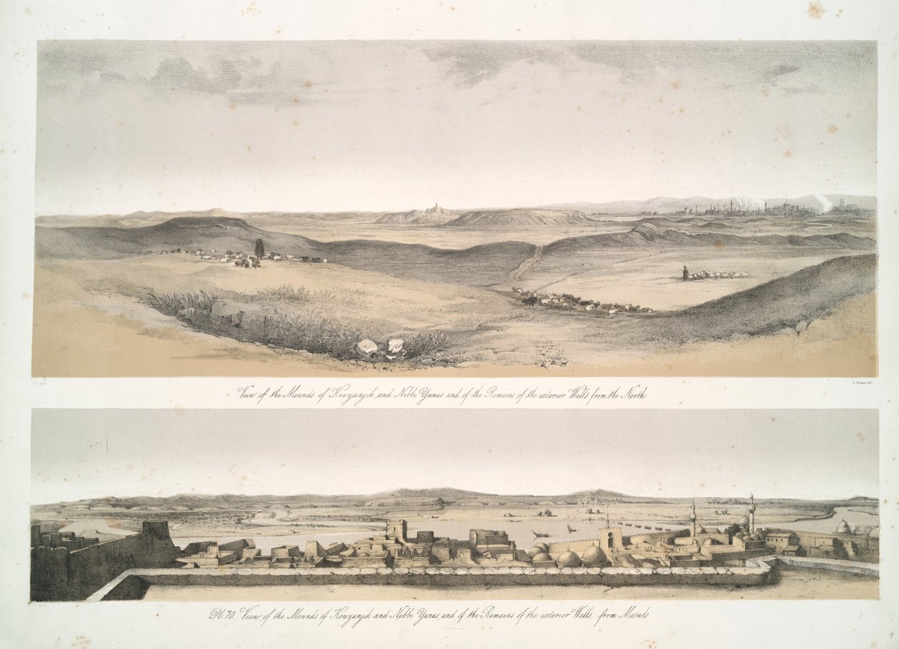 Vista dos montes de Kouyunjik [Quyunjik] e Nebbi Yunus, e dos restos das paredes exteriores, de Mosul de Austen Henry Layard