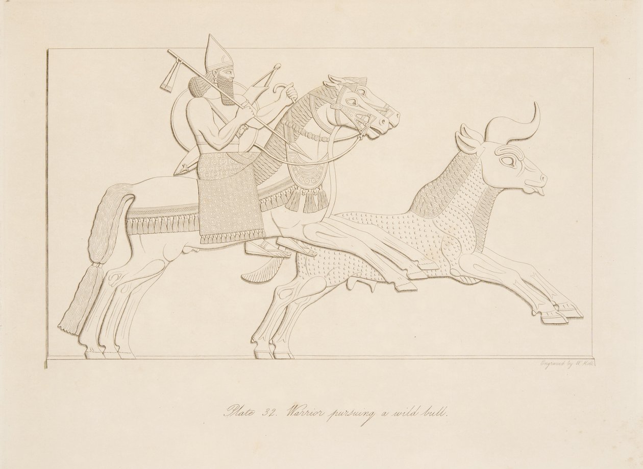 Guerreiro perseguindo um touro selvagem, de Monumentos de Nínive, pub. 1849 de Austen Henry Layard