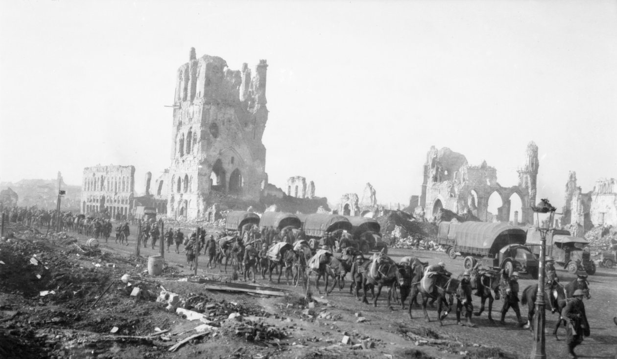 Ypres, Bélgica. 18 de outubro de 1917. Embale mulas levando suprimentos com a infantaria. Observe os edifícios danificados ao fundo, 18 de outubro de 1917 de Australian Photographer