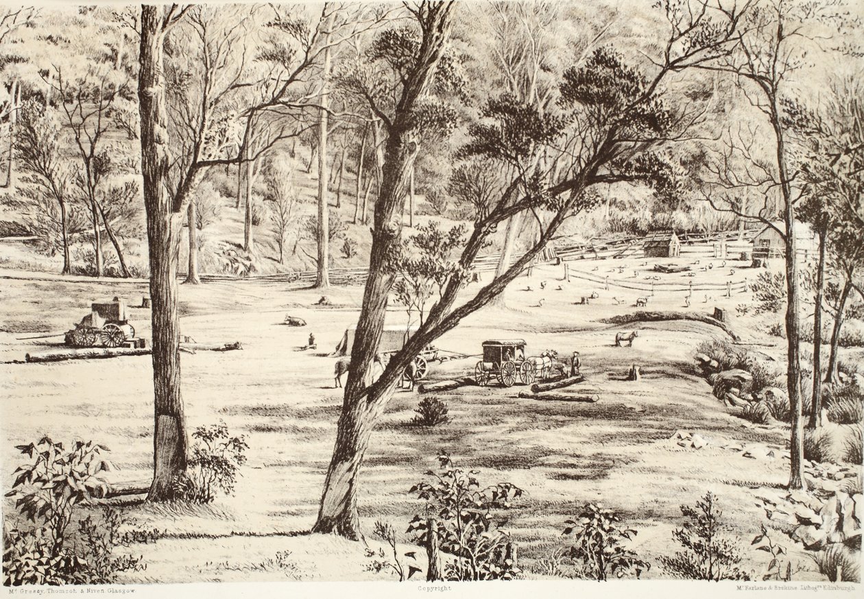 Free Selectors Hut, da história da Australásia por David Blair, McGrady, Thomson e Niven, 1879 de Australian School
