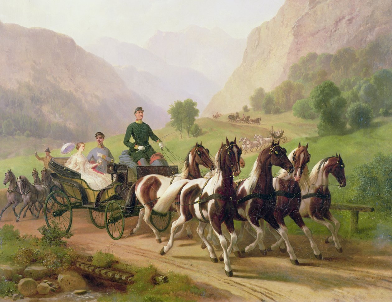 Imperador Franz Joseph I da Áustria, sendo conduzido em sua carruagem com sua esposa Elizabeth da Baviera em Bad Ischl, 1855 de Austrian School