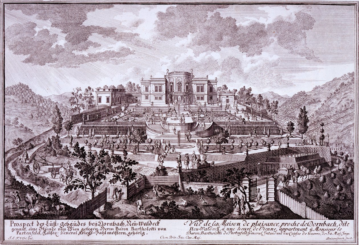 Prazer jardim e campo villa de Baton Bartholotti, chefe dos exércitos do HRE, Dornach, c.1719 de Austrian School