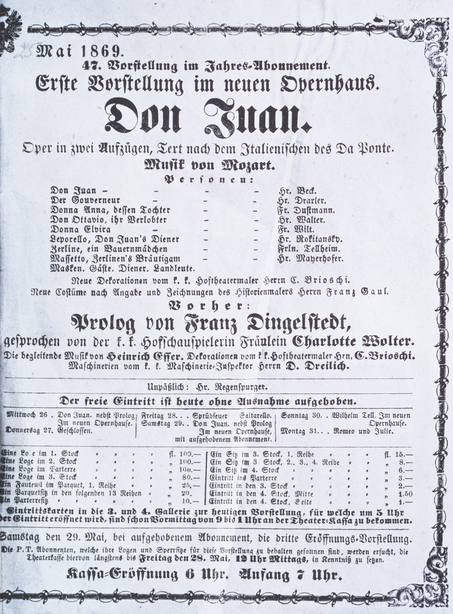 Poster publicidade uma performance de &39;Don Juan&39; (Don Giovanni) por Wolfgang Amadeus Mozart (1756-91) maio de 1869 de Austrian School