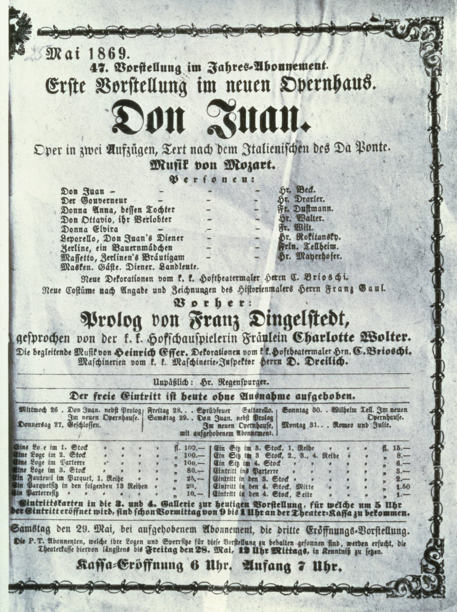 Poster publicidade uma performance de &39;Don Juan&39; (Don Giovanni) por Wolfgang Amadeus Mozart (1756-91) maio de 1869 de Austrian School