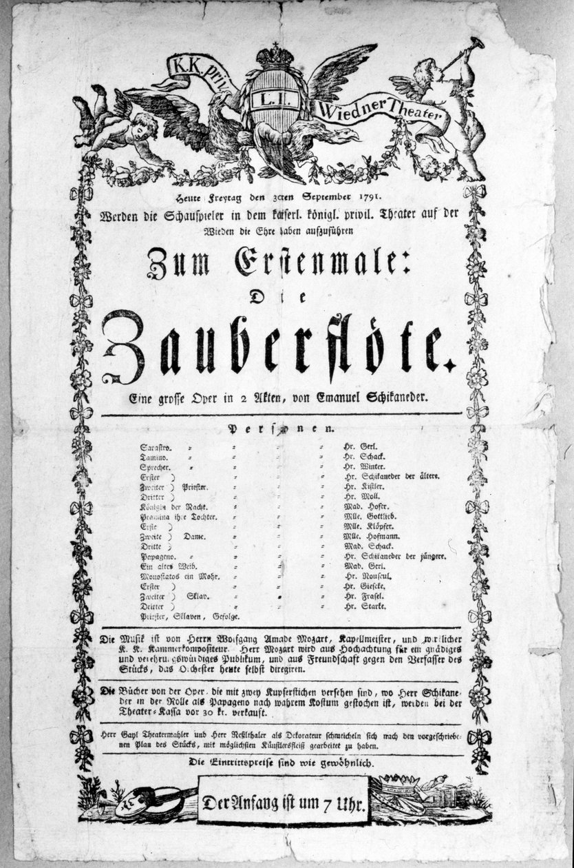 Cartaz publicitário da estréia de "A Flauta Mágica", de Wolfgang Amadeus Mozart, no Freihaustheater (hoje Theater an der Wien), 1791 de Austrian School