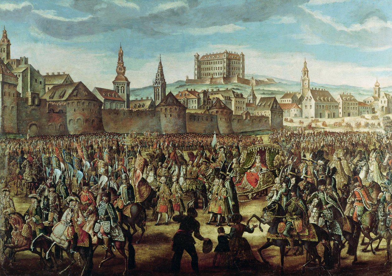 A chegada da imperatriz Maria Teresa da Áustria (1717-1780) em Pressburg (Bratislava), em 25 de agosto de 1741 de Austrian School