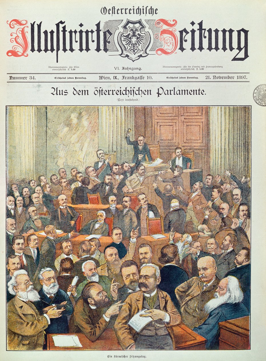 Uma sessão tempestuosa no Parlamento austríaco em Viena, 1897 de Austrian School