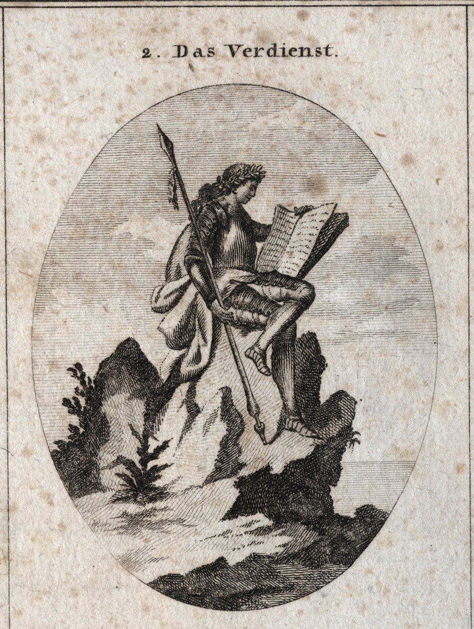 Allegorie du merite representa no topo de uma rocha íngreme com armas e um livro que a simboliza como resultado dos seus trabalhos e estudos. Gravura em "Iconologie oder Ideen aus dem Gebiete der Leidenschaften und Allegorien bildestellt dargestellt fur Ze de Austrian School