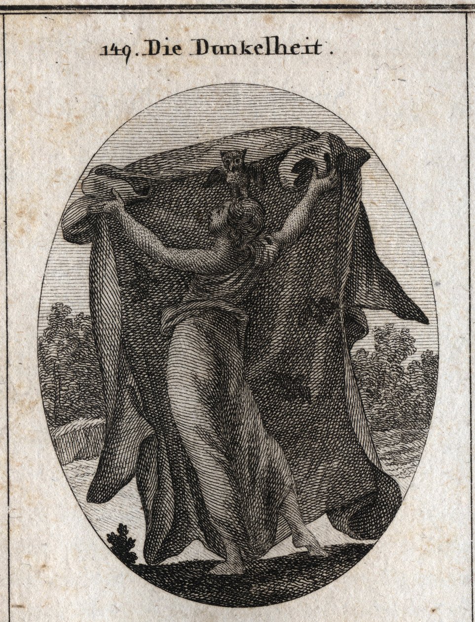 Alegoria das Trevas. Ela estende um véu escuro com o qual impede a penetração da luz. Os seus atributos são a coruja e outras aves nocturnas. Gravura em "Iconologie oder Ideen aus dem Gebiete der Leidenschaften und Allegorien bildestellt dargestellt fur de Austrian School