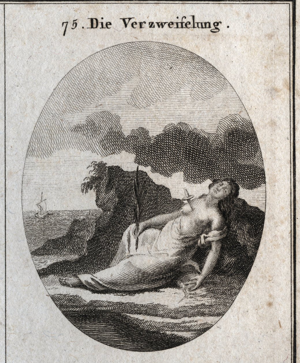 Alegoria do Desespero retrata uma adaga no peito e um ramo de cipó na mão (árvore que uma vez enfeitou os túmulos). A brisa compasso é o emblema da desordem do pensamento. Gravura em "Iconologie oder Ideen aus dem Gebiete der Leidenschaft de Austrian School