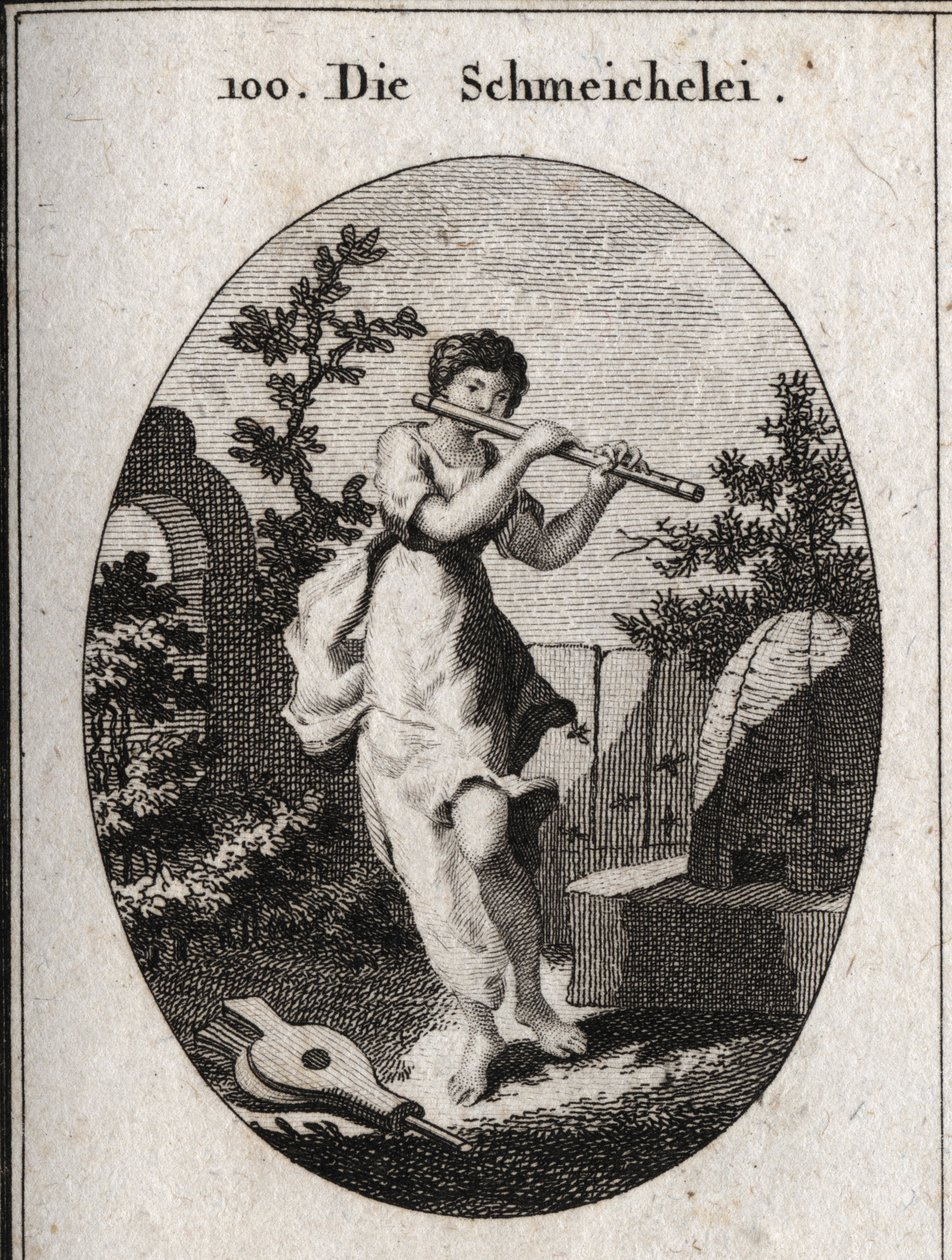 Alegoria de adulação tocando flauta para marcar que ela procura se insinuar pela doçura de suas palavras. Seu atributo é a abelha (pela doçura do mel e o veneno do ferrão) e o fole (o flettery acende o fogo das paixões). Engravin de Austrian School