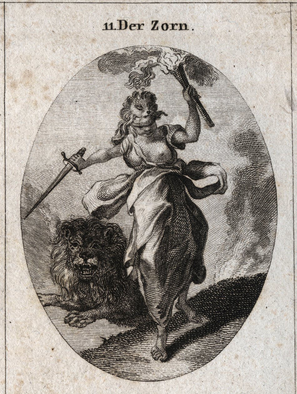 Alegoria da raiva representada numa atitude inquieta, uma venda, uma espada e uma tocha nas mãos. Está vestida com pele de urso e o leão por trás é a furiosite. Gravura em "Iconologie oder Ideen aus dem Gebiete der Leidenschaften und Allegorien". de Austrian School
