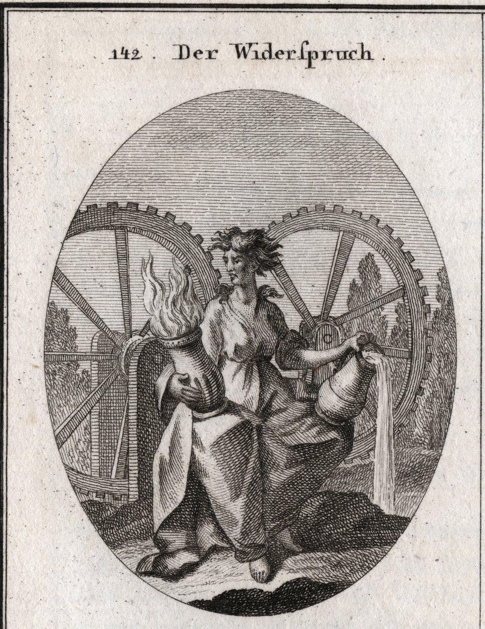 Alegoria de aborrecimento. O fato dele está dividido ao meio. Ela segura um recipiente de água e um recipiente de fogo. As duas rodas com dentes movem-se em direcções opostas. Gravação em "Iconologie oder Ideen aus dem Gebiete der Leidenschaften und Allego de Austrian School