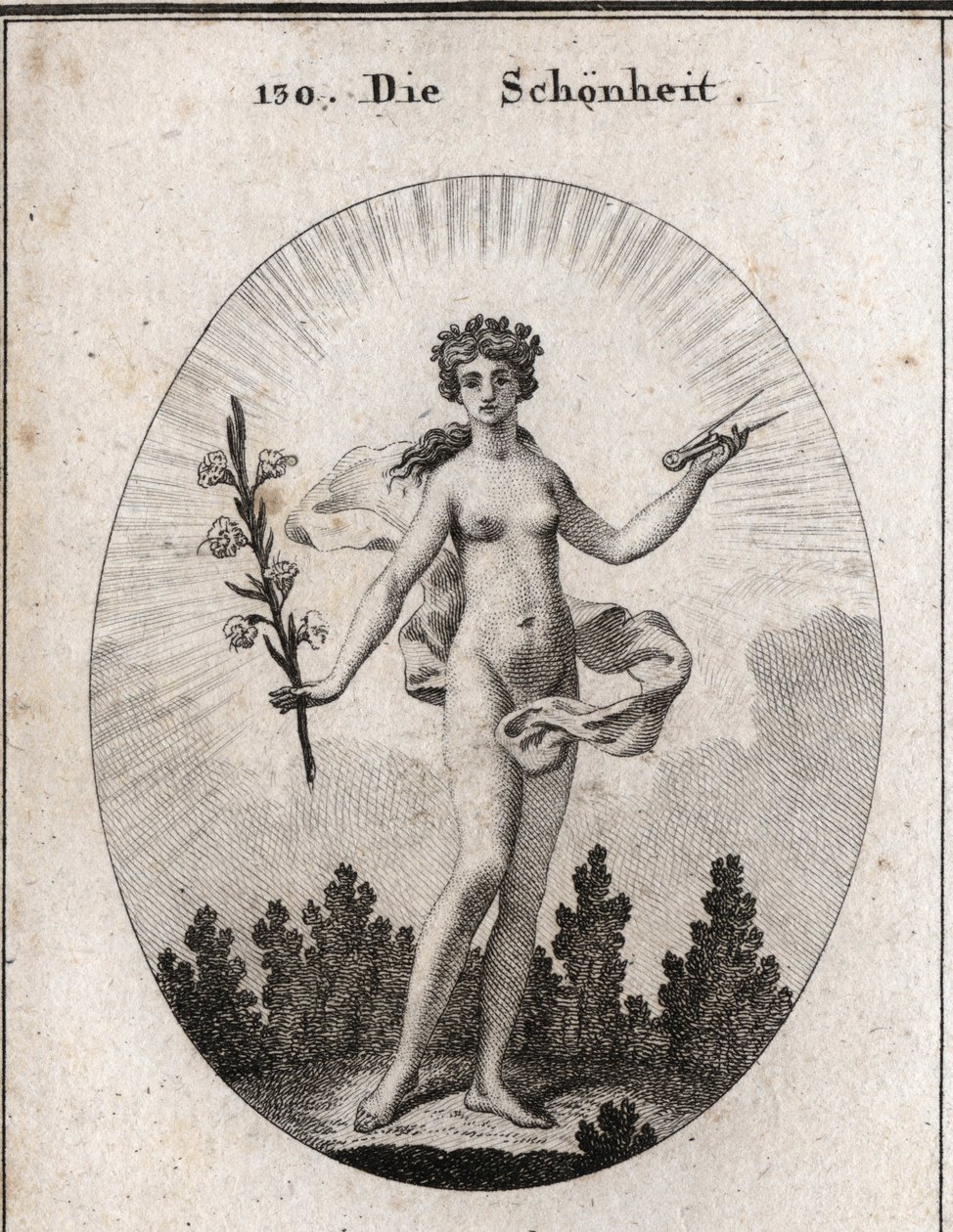 Alegoria da beleza. A compasso é o emblema da precisão das proporções. O lírio é o símbolo da beleza. Gravura em "Iconologie oder Ideen aus dem Gebiete der Leidenschaften und Allegorien bildestellt dargestellt fur Zeichner, Mahler, Dichter, Gelehr de Austrian School