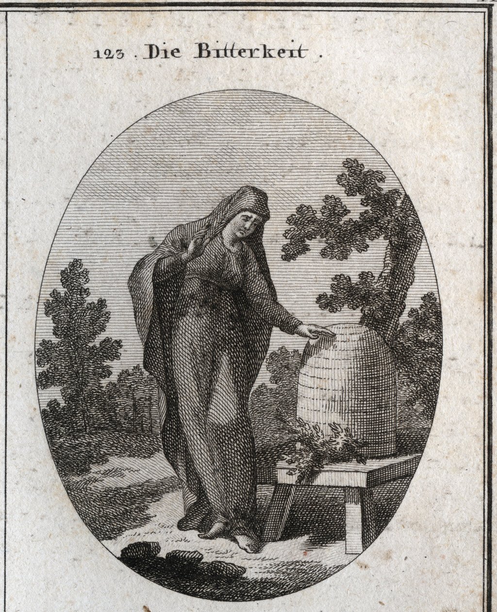 Alegoria de amargura. Ela olha com tristeza para uma planta absinto que germinou numa colmeia de mel. Gravação em "Iconologie oder Ideen aus dem Gebiet der Leidenschaften und Allegorien bildestellt fur Zeichner, Mahler, Dichter, Gelehrte, Erzieher und f de Austrian School