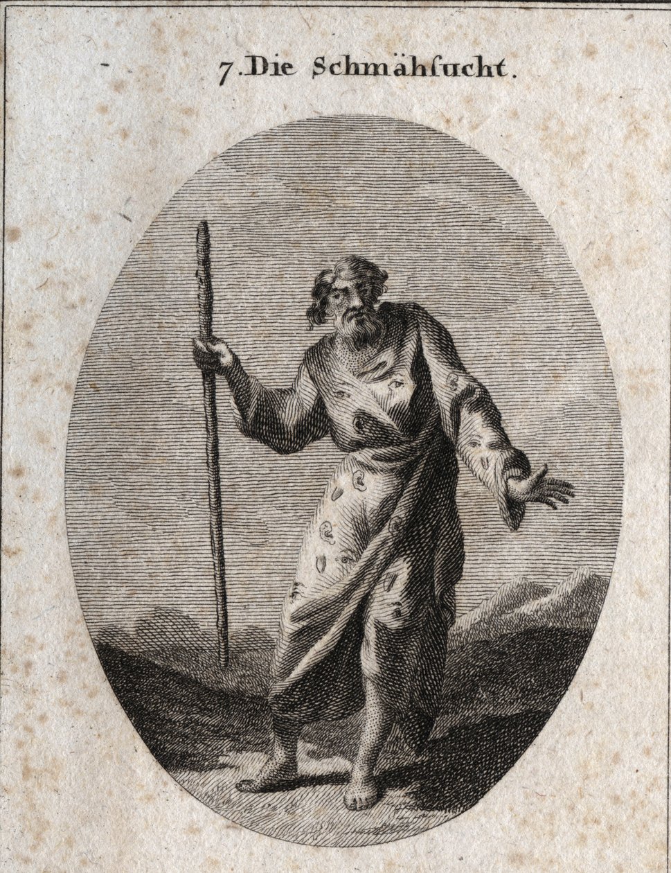 Alegoria de culpa representa por Mário o Deus de sátira e repreensão como um homem velho falando e golpeando a terra. A sua roupa está cheia de ouvidos, olhos e línguas. Gravação em "Iconologie oder Ideen aus dem Gebiete der Leidenschaften und Allegorien". de Austrian School