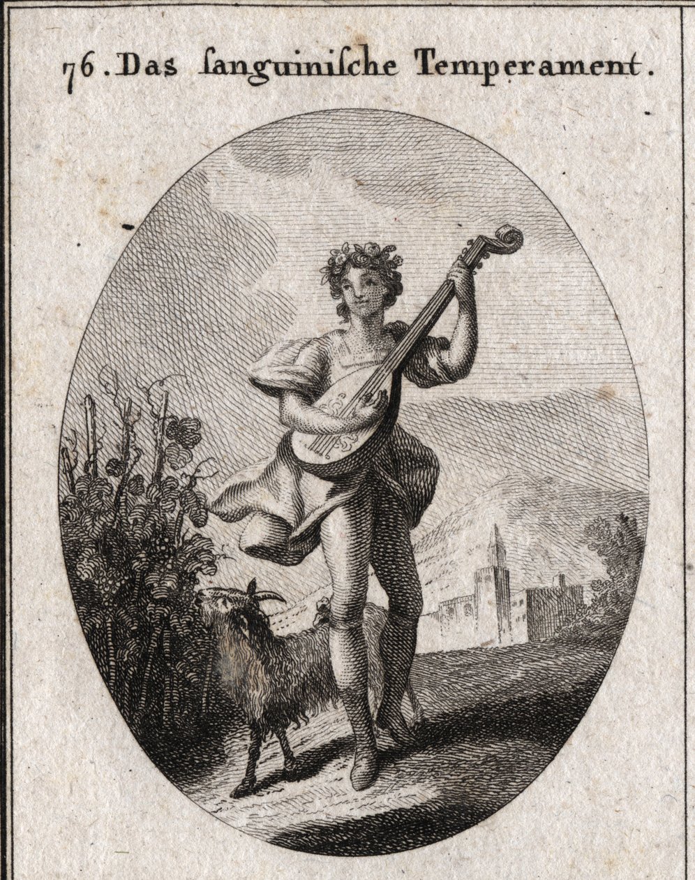 Alegoria da tez de sangue. O bode que come uvas mostra que o sangue é levado aos prazeres do amor e do bacalhau. Gravura em "Iconologie oder Ideen aus dem Gebiete der Leidenschaften und Allegorien bildestellt dargestellt fur Zeichner, Mahler, Dicht de Austrian School