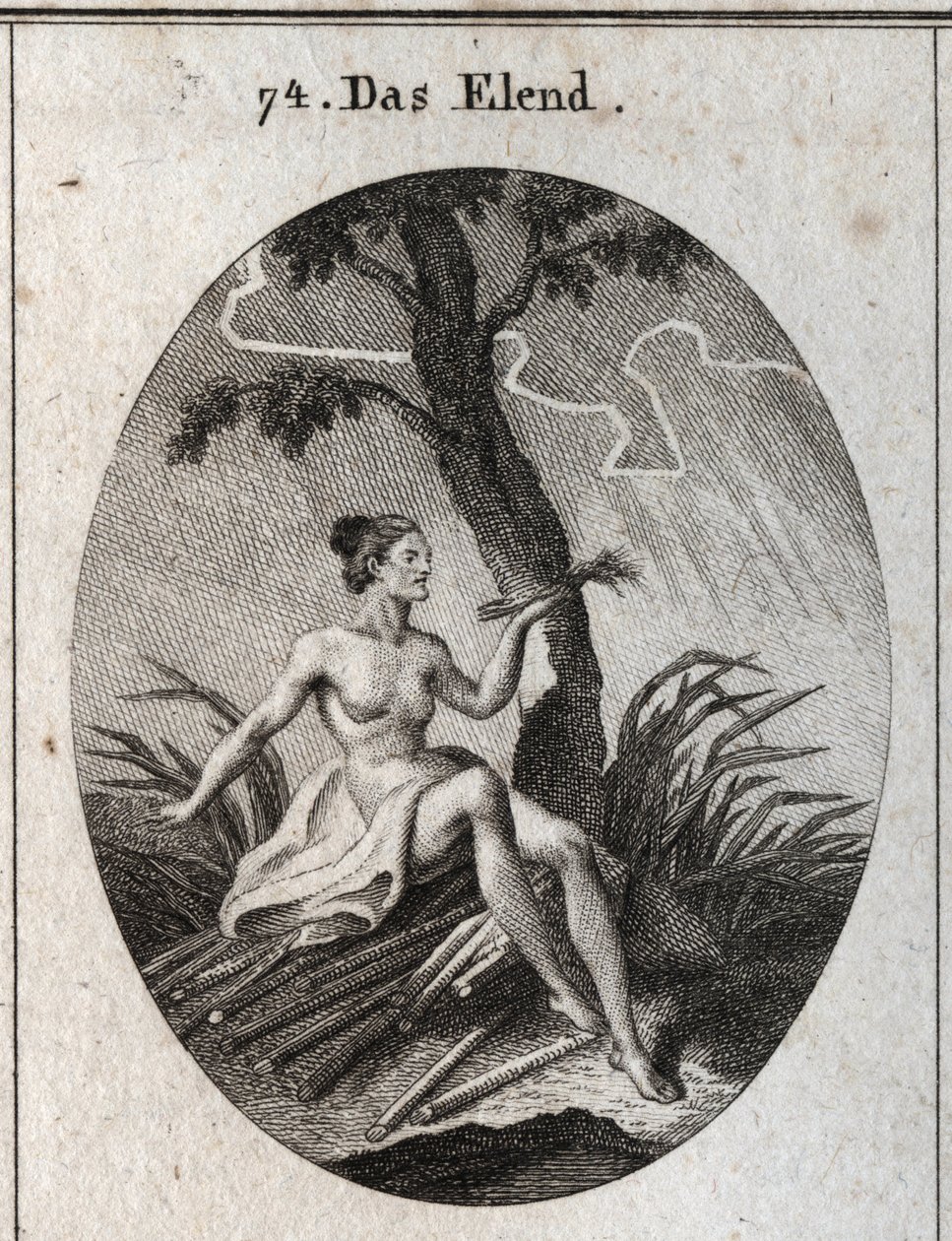 Alegoria de calamite. Ela senta-se em brisas cuja fragilidade é a imagem da instabilidade da fortuna e das misérias da vida. Gravura em "Iconologie oder Ideen aus dem Gebiete der Leidenschaften und Allegorien bildestellt dargestellt fur Zeichner, Mahler, de Austrian School