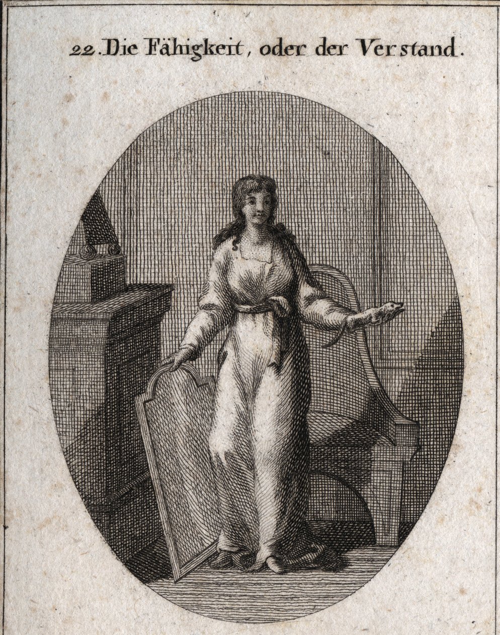 Alegoria de capacidade (ou inteligência). O cameleão e o espelho são os seus atributos. Gravura em "Iconologia ou Idéias do Campo das Paixões e Alegorias ilustradas para desenhistas, pintores, poetas, estudiosos, educadores e amigos de Austrian School