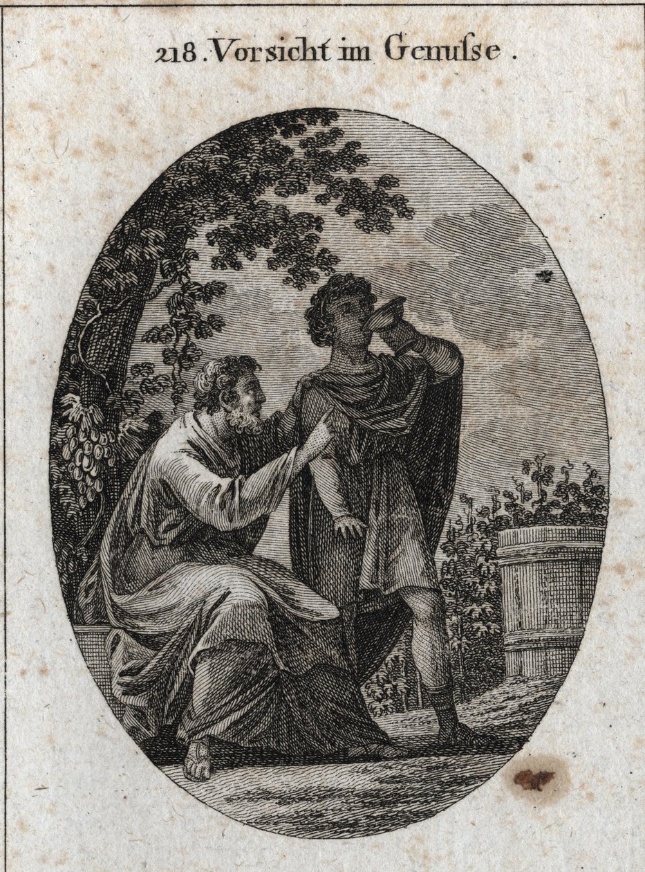 Alegoria de prudência enquanto desfruta. Um filósofo nos adverte que a videira produz três tipos de uvas: a do prazer, a da embriaguez e a dos duplos e da loucura. Gravura em "Iconologie oder Ideen aus dem Gebiete der Leidenschaften und All de Austrian School