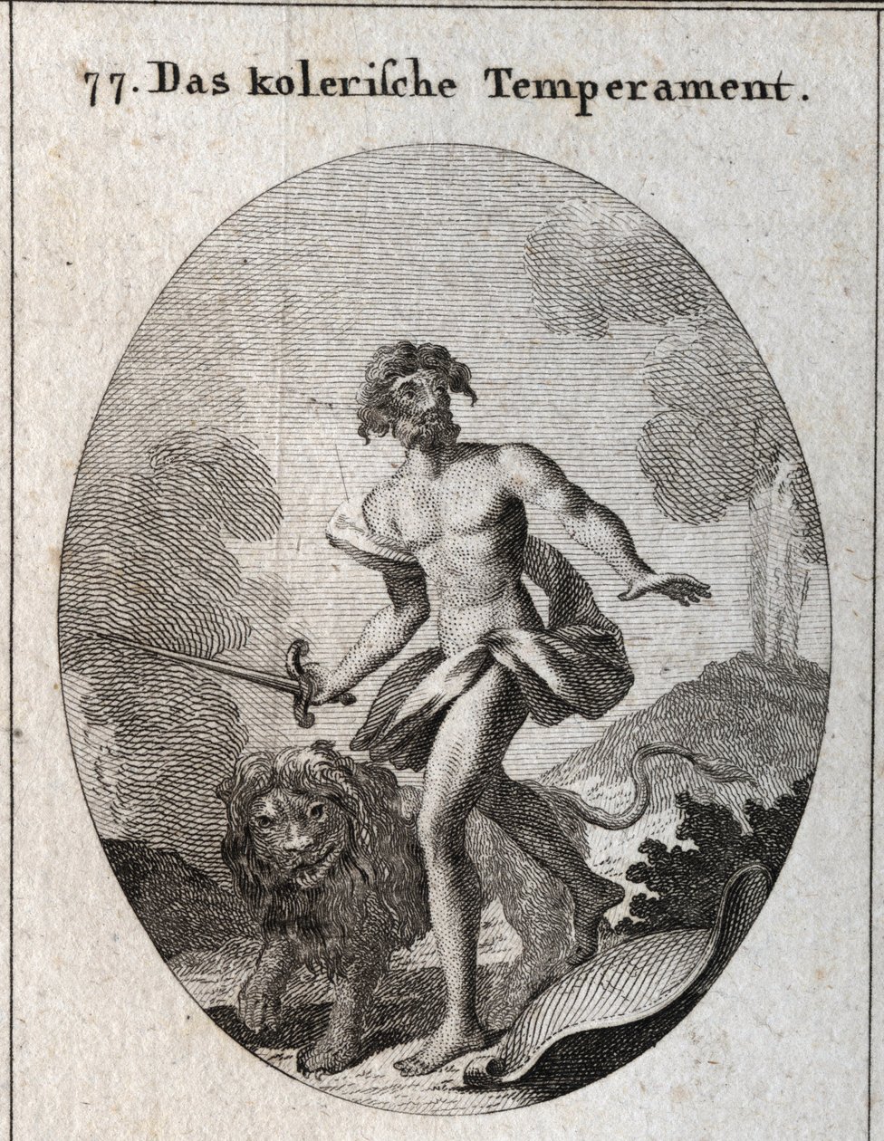 Alegoria da compleição colérica. Ele segura uma espada para atacar e apenas atirou o seu escudo esquecendo-se de se defender. O seu atributo e um leão ameaçador. Gravura em "Iconologie oder Ideen aus dem Gebiete der Leidenschaften und Allegorien bildich da de Austrian School