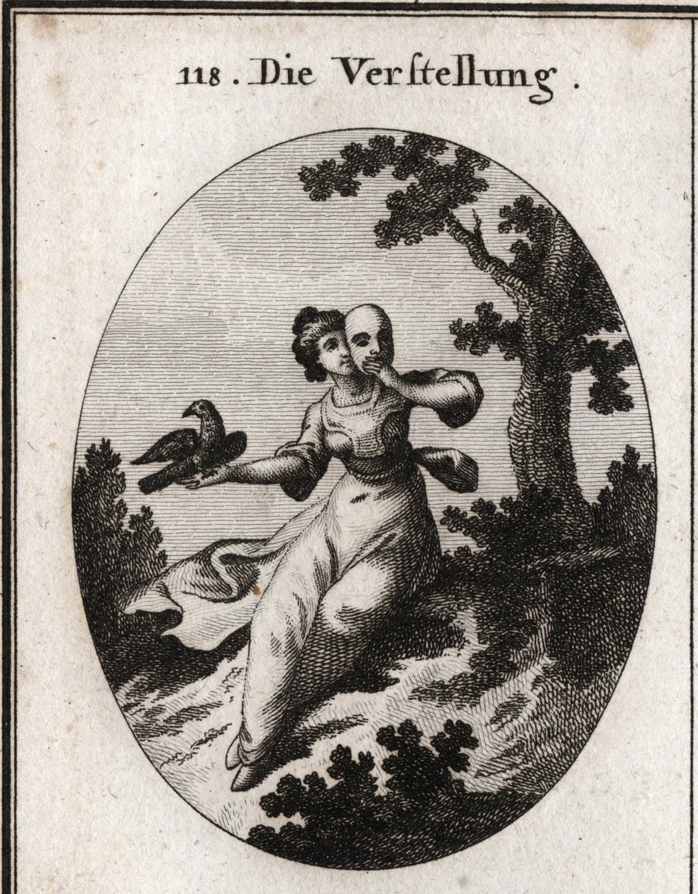 Alegoria de ocultação. Ela cobre o rosto com uma máscara, emblema da falsificação. Seu atributo é um pega, branco e preto, e suas carícias são misturadas com bicos. Gravura em "Iconologie oder Ideen aus dem Gebiete der Leidenschaften und Allegorien". de Austrian School