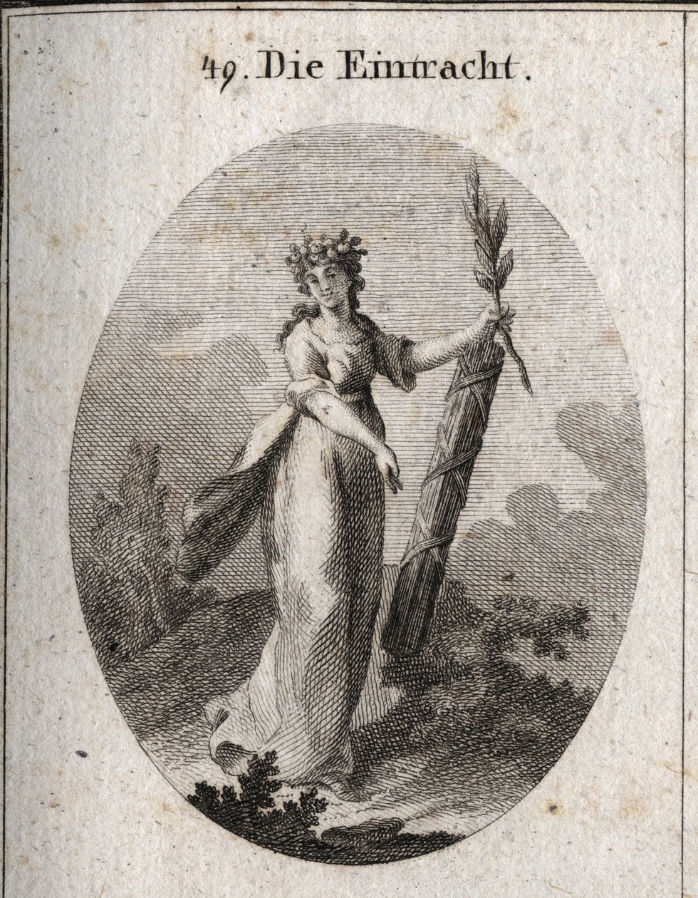Alegoria de concórdia representada com uma coroa de granadas emblema de união. O ramo de oliveira e um símbolo de paz e a viga de pátios firmemente unidos marca o poder das forças unidas. Gravura em "Iconologie oder Ideen aus dem Gebiete der Leidens de Austrian School