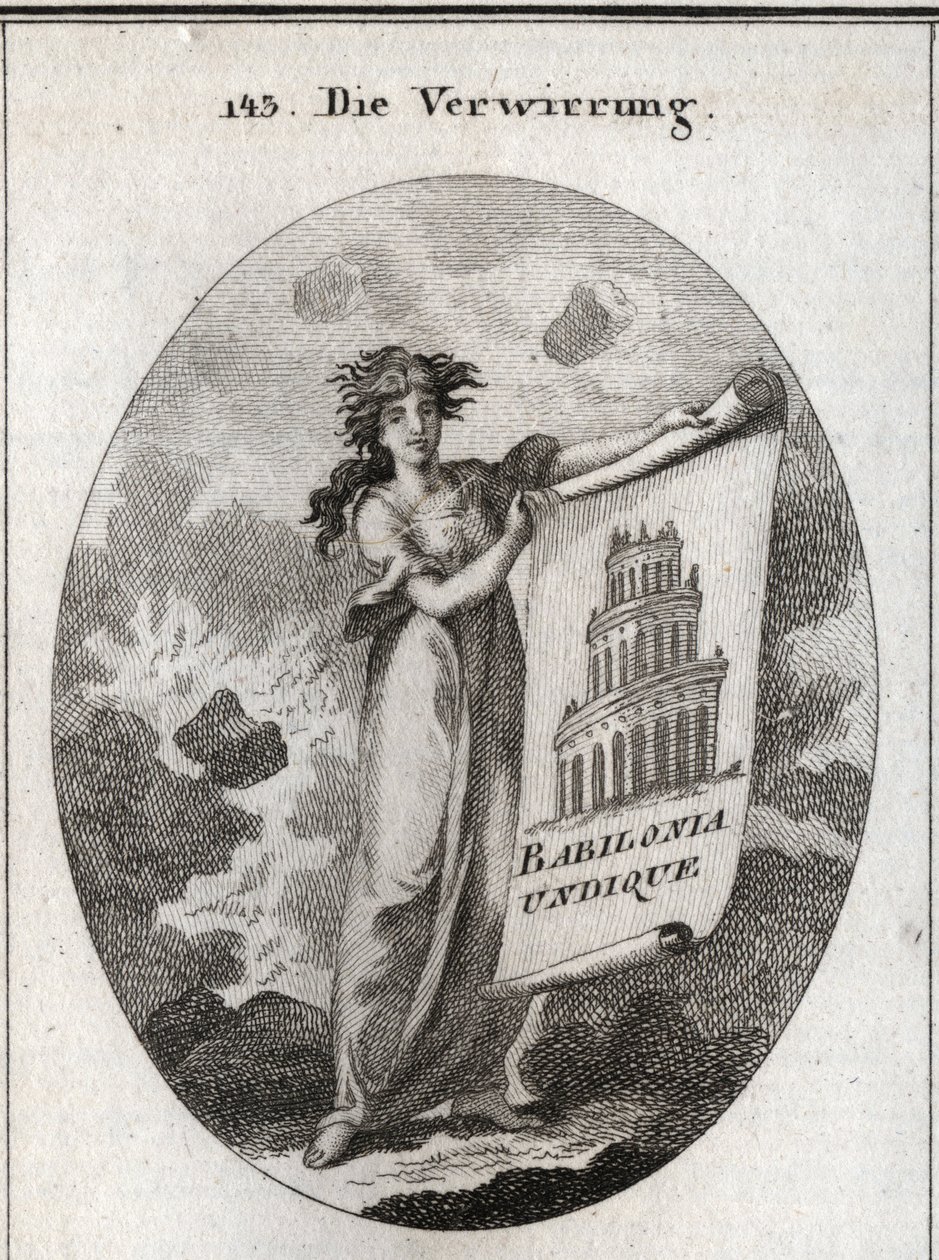 Alegoria de confusão segurando um desenho representando a Torre de Babel com esta palavra "Babylonia Undique". O fundo representa o caos e o seu cabelo não se ajusta à instabilidade das suas fantasias. Gravura em "Iconologie oder Ideen aus dem Gebiete d de Austrian School