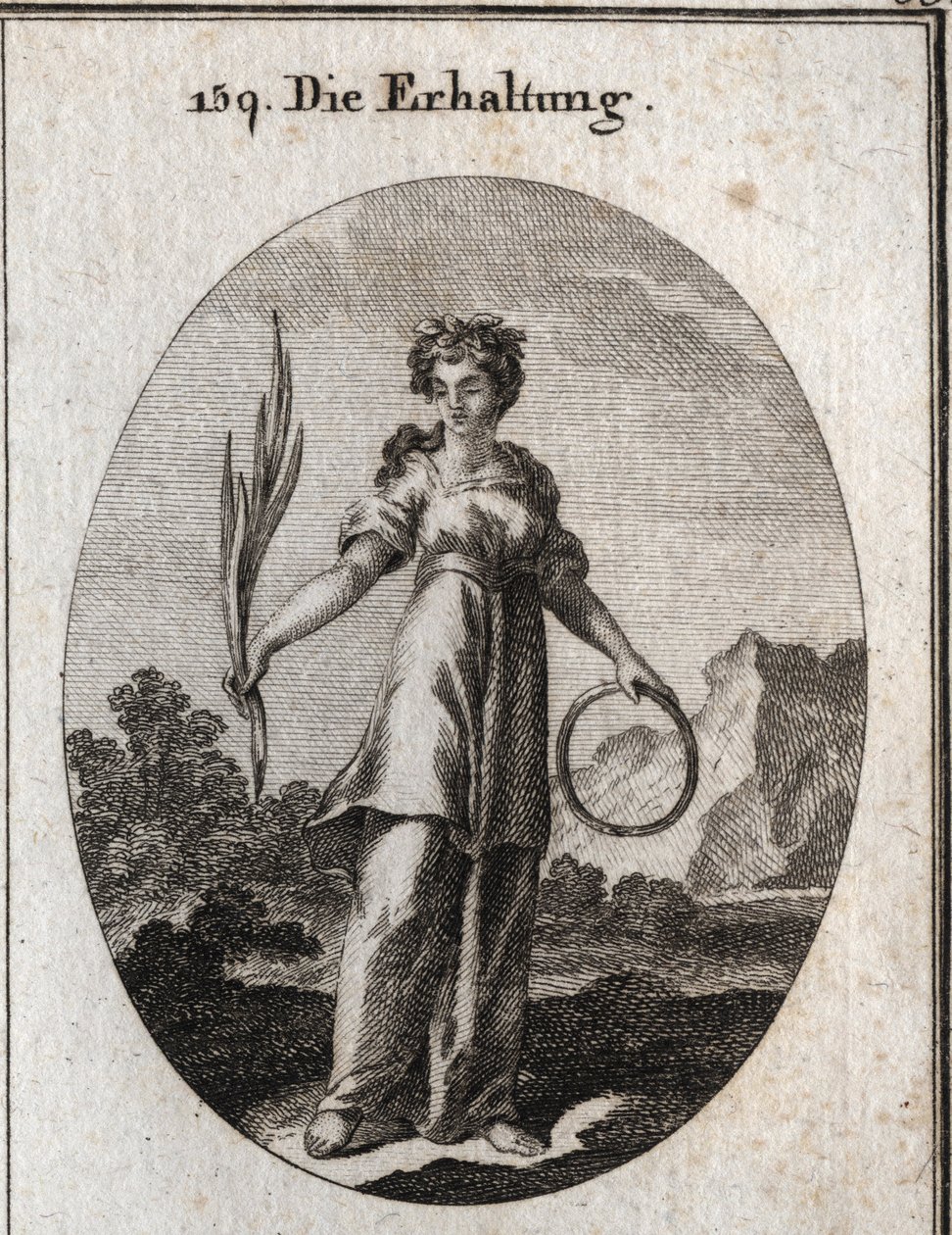 Alegoria de conservação. O ramo de cedro é incorruptível, mas é também o emblema da conservação e o círculo da sucessão conti. Ela usa uma coroa de plantas aromáticas que foram usadas pelos egípcios para preservar os mortos. Gravura em "Icono de Austrian School