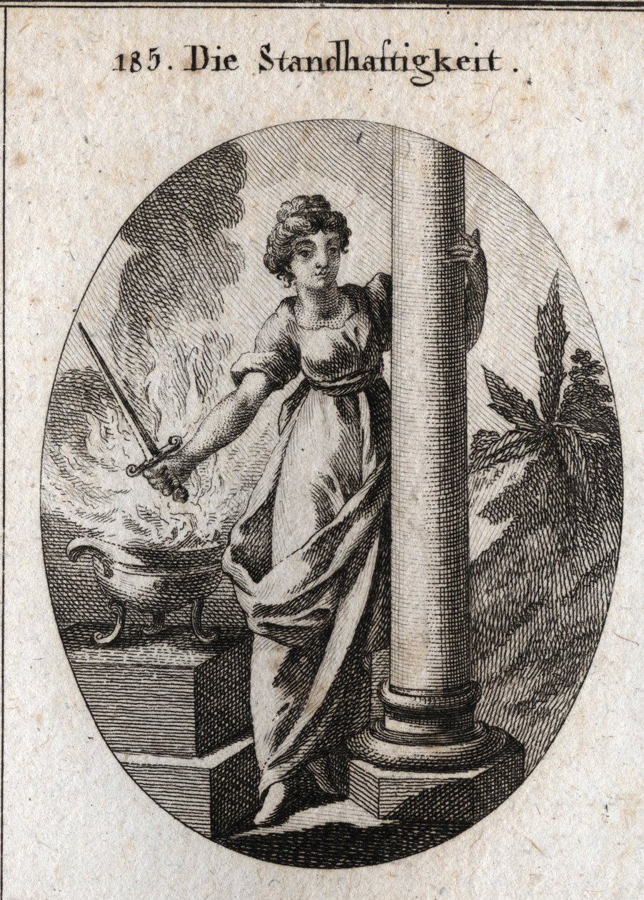 Alegoria de constância. Ela segura uma espada sobre um fogo ardente. A coluna que ela abraça é o atributo da fazenda. Gravura em "Iconologie oder Ideen aus dem Gebiete der Leidenschaften und Allegorien bildestellt fur Zeichner, Mahler, Dichter, Ge de Austrian School