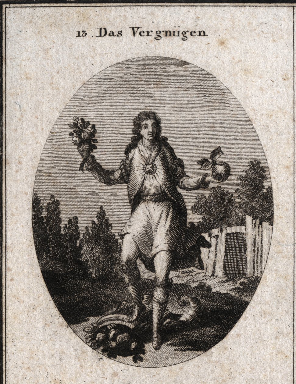 Alegoria de contentamento representada por um jovem segurando uma maçã dourada com uma mão e um buquê de flores na outra. Mostram que tudo o que o rodeia participa da sua alegria, que é simbolizada pelo rubi que lhe irradia no peito. Seu de Austrian School
