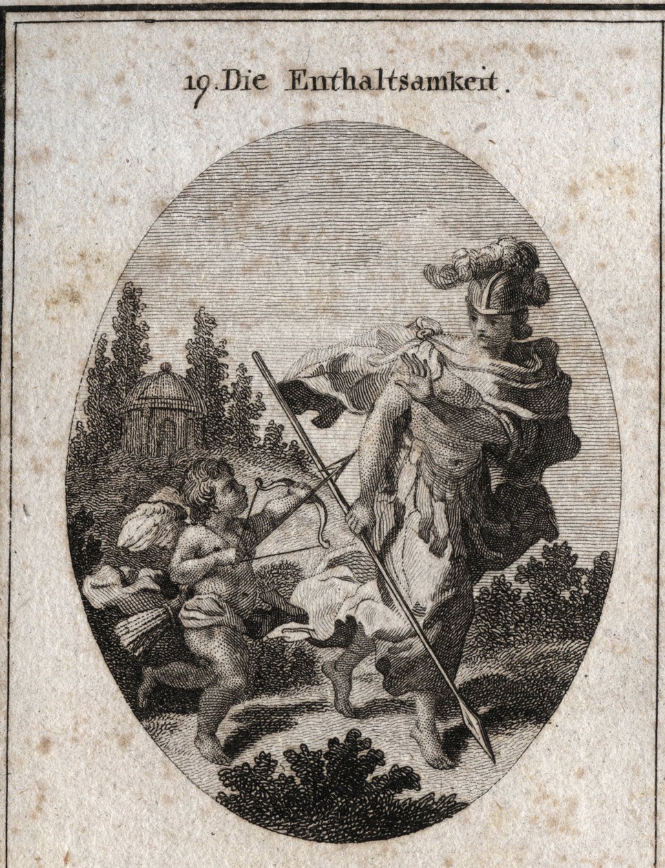 Alegoria da continência, virtude heróica representada como um guerreiro com um capacete e uma lança voltada para a terra. Ela evita combater as paixões (representadas pelo amor) e se defende de seus atrativos para preservar sua casta. Gravura em "Iconologi de Austrian School