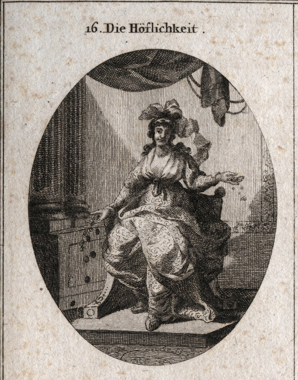 Alegoria de cortesia representada por uma mulher rica, graciosa e sorridente que repreende o dinheiro e as jóias. Gravação em "Iconologie oder Ideen aus dem Gebiet der Leidenschaften und Allegorien bildestellt fur Zeichner, Mahler, Dichter, Gelehrte, Er de Austrian School