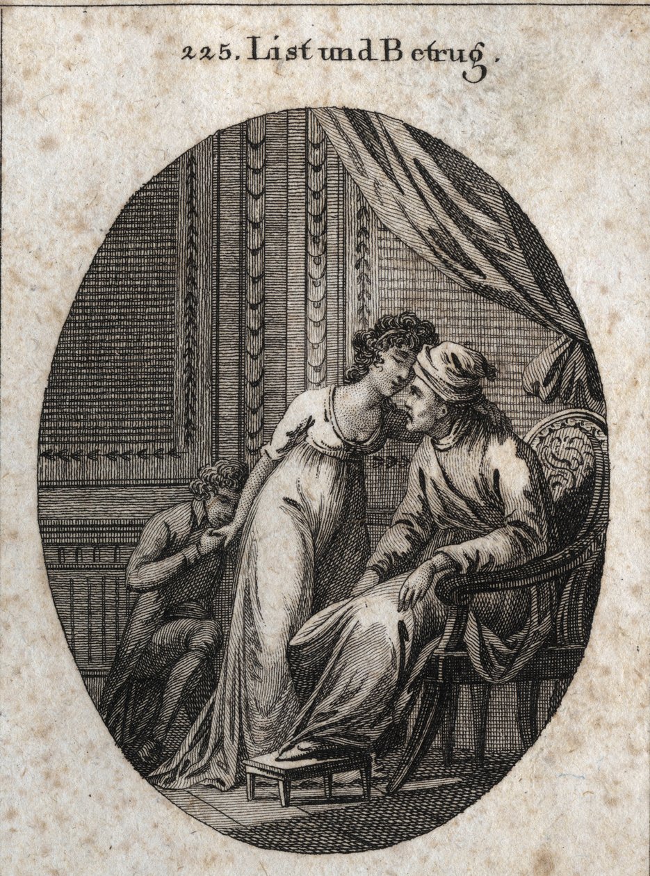 Alegoria de astúcia e engano. Expressão: Quem te dá mais carícias do que o habitual, é sinal de que te enganou ou de que te quer enganar. Gravura em "Iconologie oder Ideen aus dem Gebiete der Leidenschaften und Allegorien bildich de Austrian School