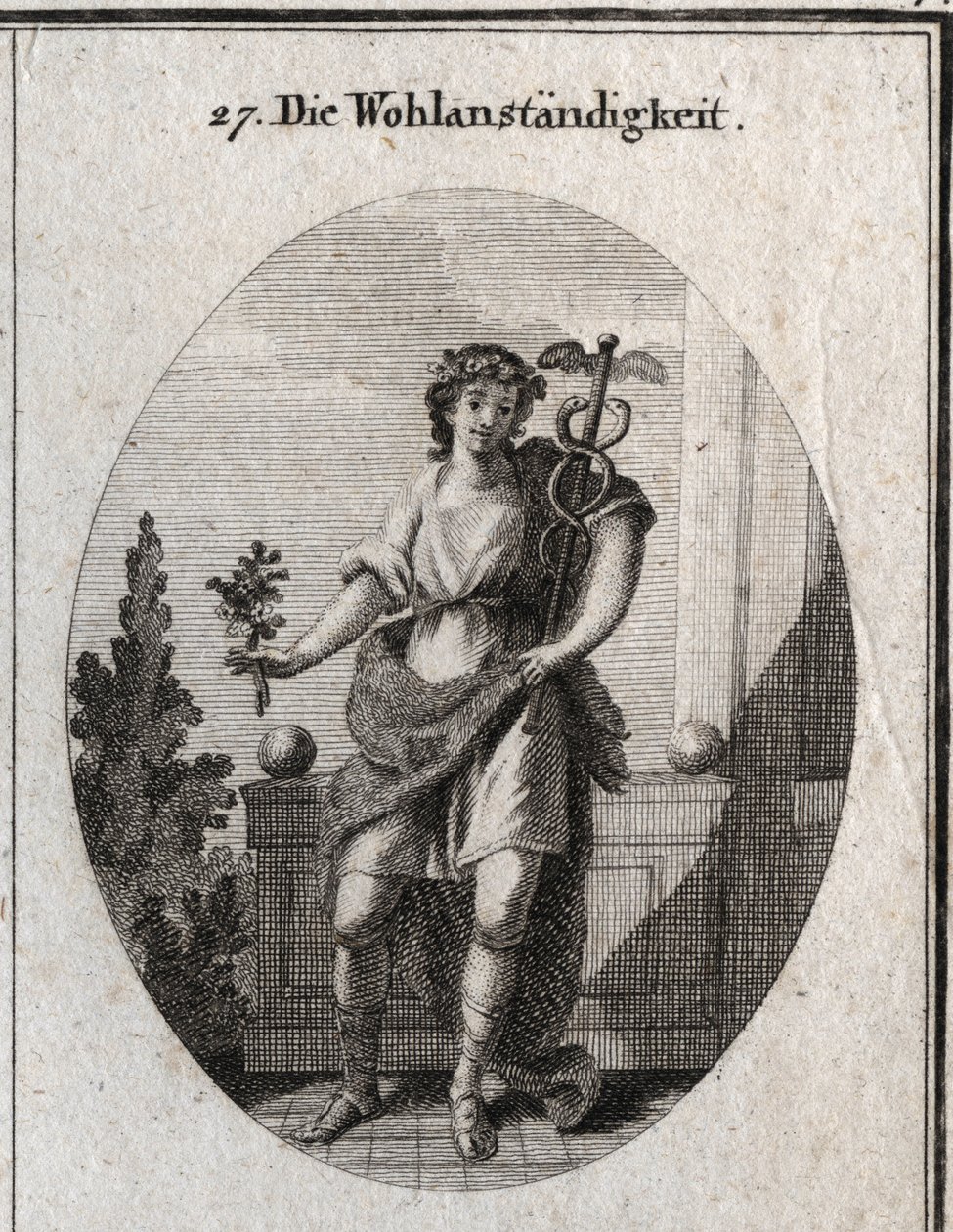 Alegoria de decência. Jovem com uma pele de leão para expressar sua distinção e sua grandeza de alma. O ramo de amaranto e a coroa mostram que ele ainda mantém a sua beleza. O lapso marca eloquência e sagacite no discurso. Gravura em "Iconologie de Austrian School