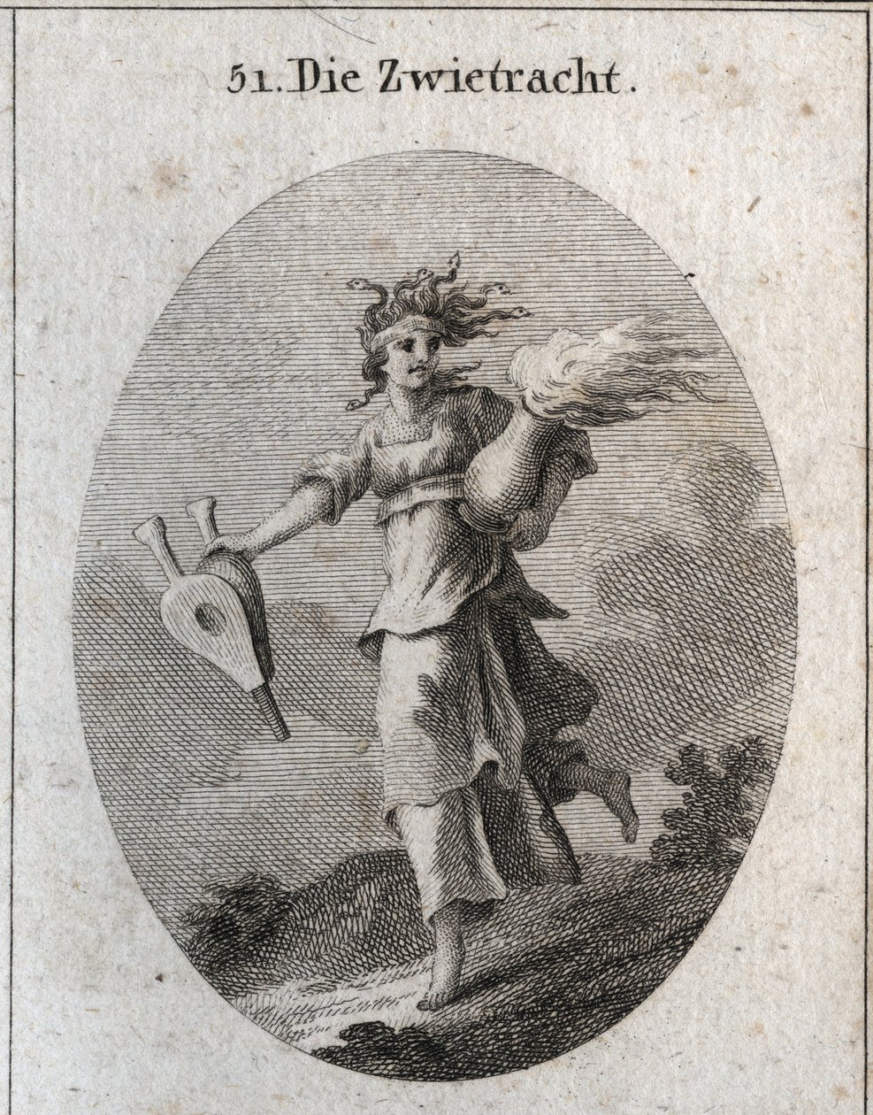 Alegoria da discórdia. Seu cabelo é formado por víboras e sua testa é uma bandagem ensanguentada. Um fole numa mão e na outra um vaso de fogo. Gravura em "Iconologie oder Ideen aus dem Gebiete der Leidenschaften und Allegorien bildestellt dargestellt fur Z de Austrian School