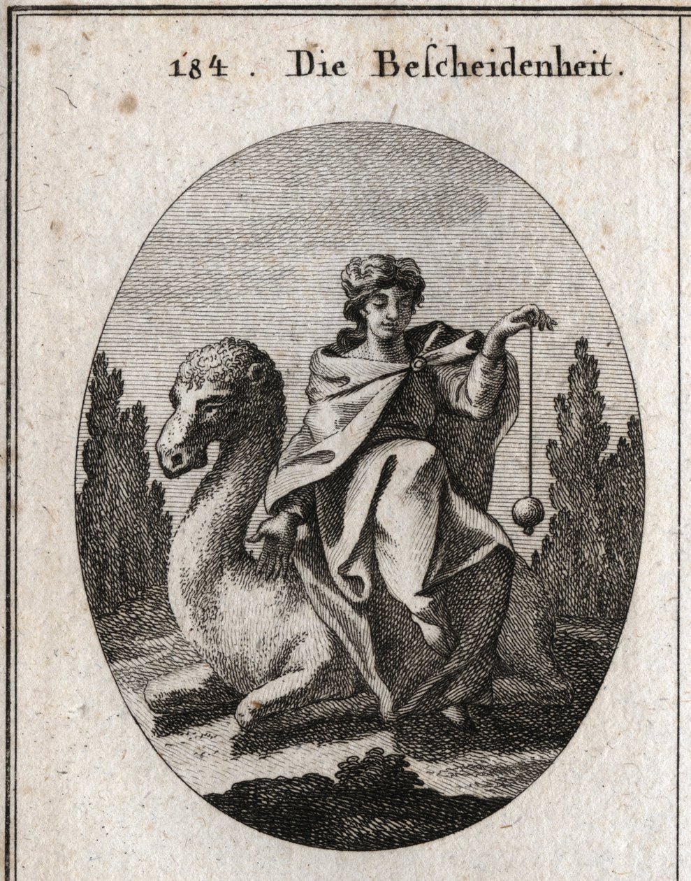 Alegoria de discrição. O prumo que ela mantém perpendicular é o atributo da exatidão. Ela senta-se num camelo ajoelhada para facilitar a sua viagem. Gravura em "Iconologie oder Ideen aus dem Gebiete der Leidenschaften und Allegorien bildestellt dargestellt de Austrian School