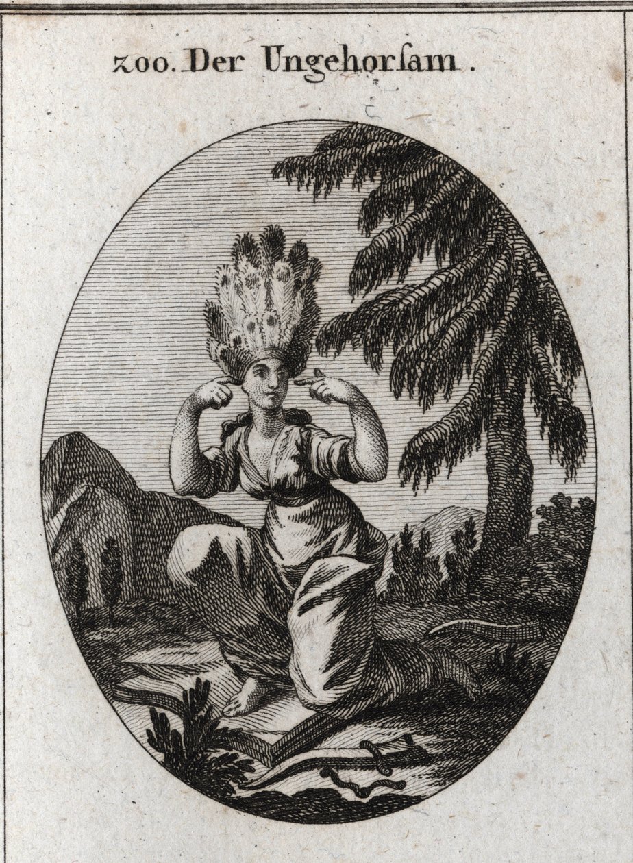 Alegoria de desobediência. O livro da vergonha marca seu desprezo pelas leis e preceitos que ela domina, pisando a seus pés o freio e a brisa do jugo. Ela fecha os ouvidos para não ouvir as repreensões. O seu cabelo é de penas de pavão. Engravi de Austrian School