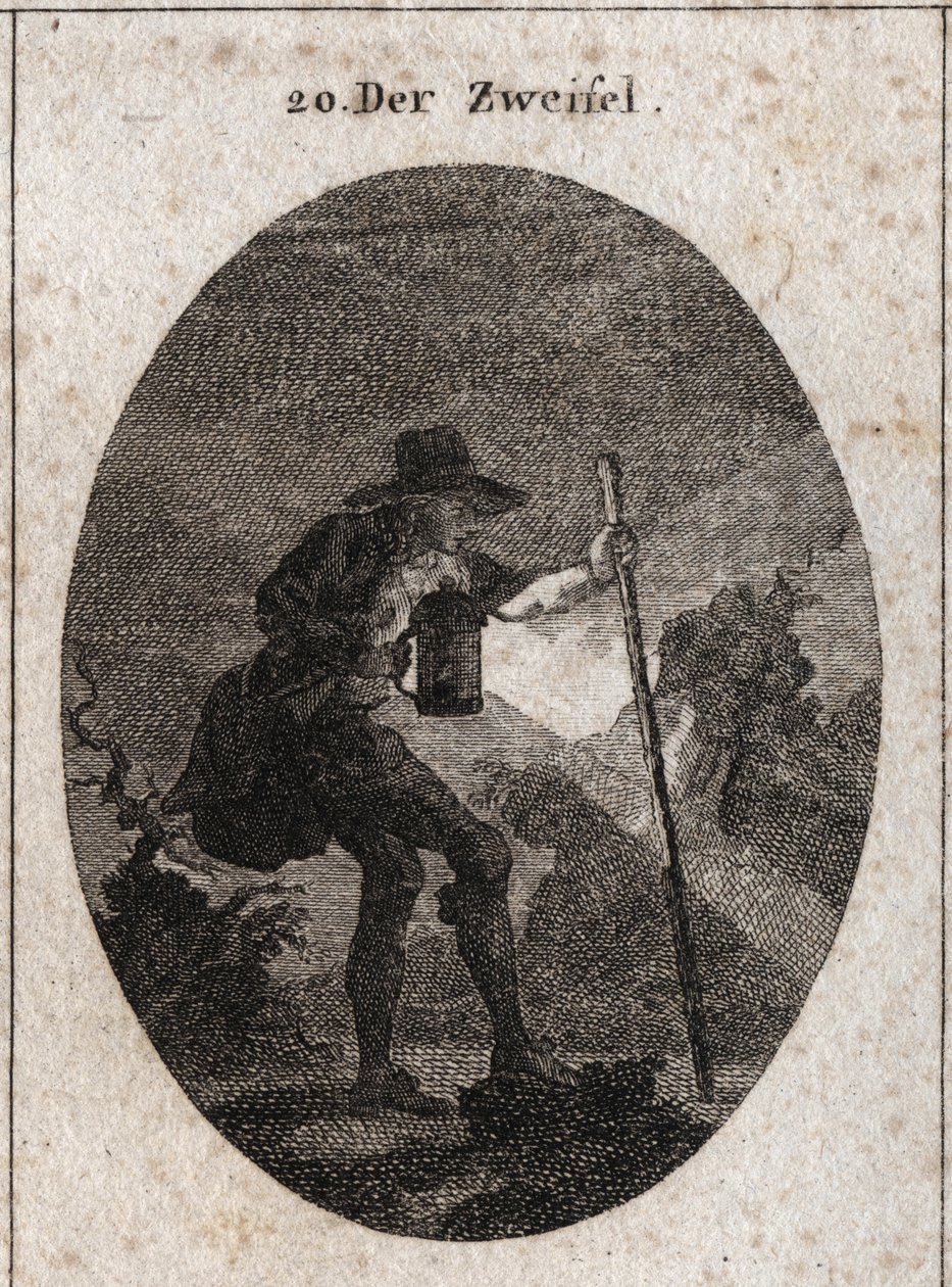 Alegoria de dúvida representada por um jovem caminhando pela escuridão com uma lanterna e um barco que ele ajuda a encontrar seu caminho através de vários caminhos cheios de pedras. Gravura em "Iconologie oder Ideen aus dem Gebiete der Leidenschaften und A de Austrian School