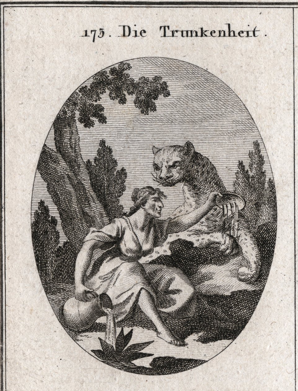 Alegoria da embriaguez. Ela segura um jarro e um copo cheio de vinho que ela deixa. Seu símbolo é uma panela com o símbolo da fúria da embriaguez. Gravura em "Iconologie oder Ideen aus dem Gebiete der Leidenschaften und Allegorien bildestellt dargestellt f de Austrian School