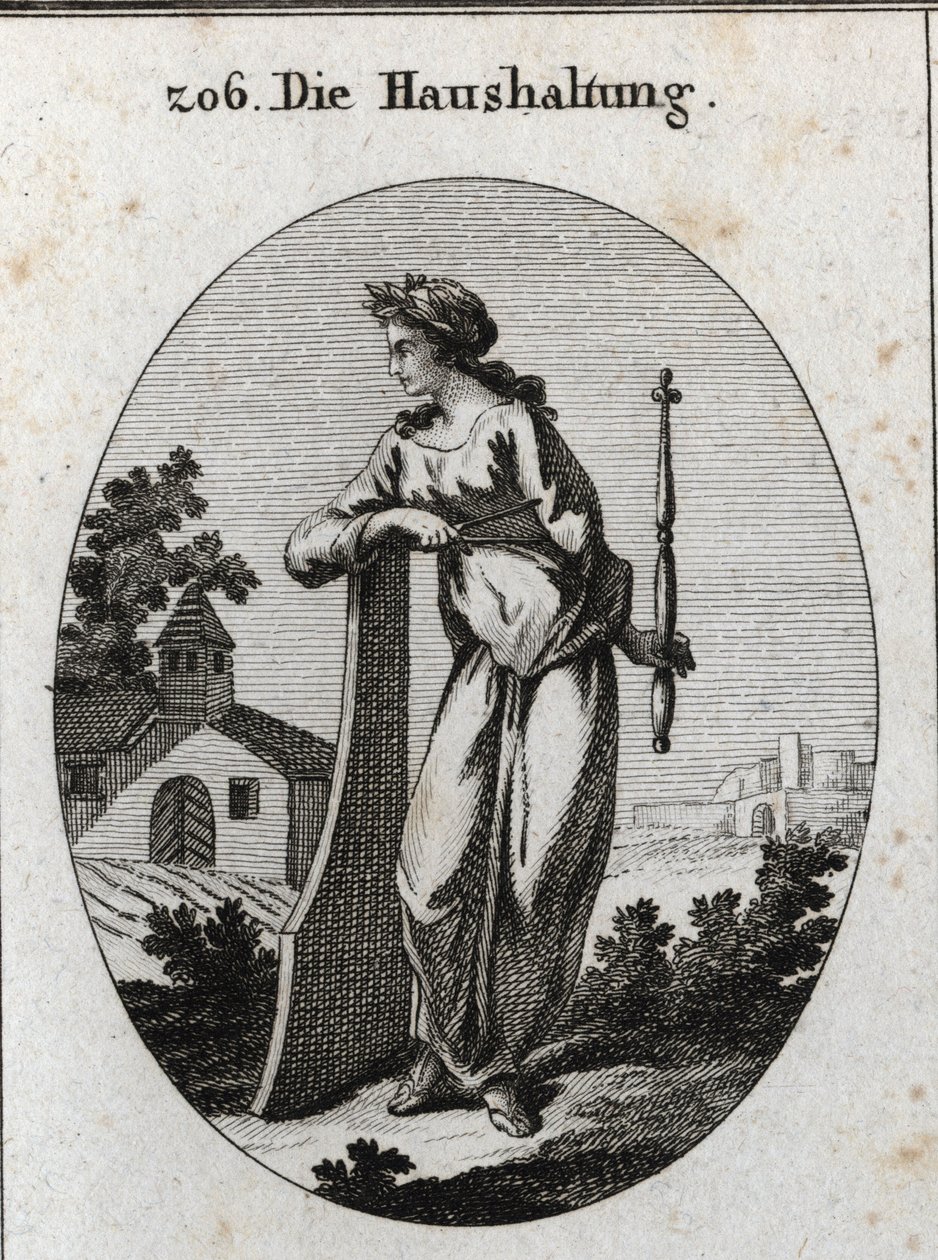 Alegoria da economia. É coroada com um ramo de oliveira simbolizando a paz. Ele se inclina sobre um leme e segura um ceptro e compas, emblemas do poder e do governo exato. Gravura em "Iconologie oder Ideen aus dem Gebiete der Leidenschaften und Allego". de Austrian School