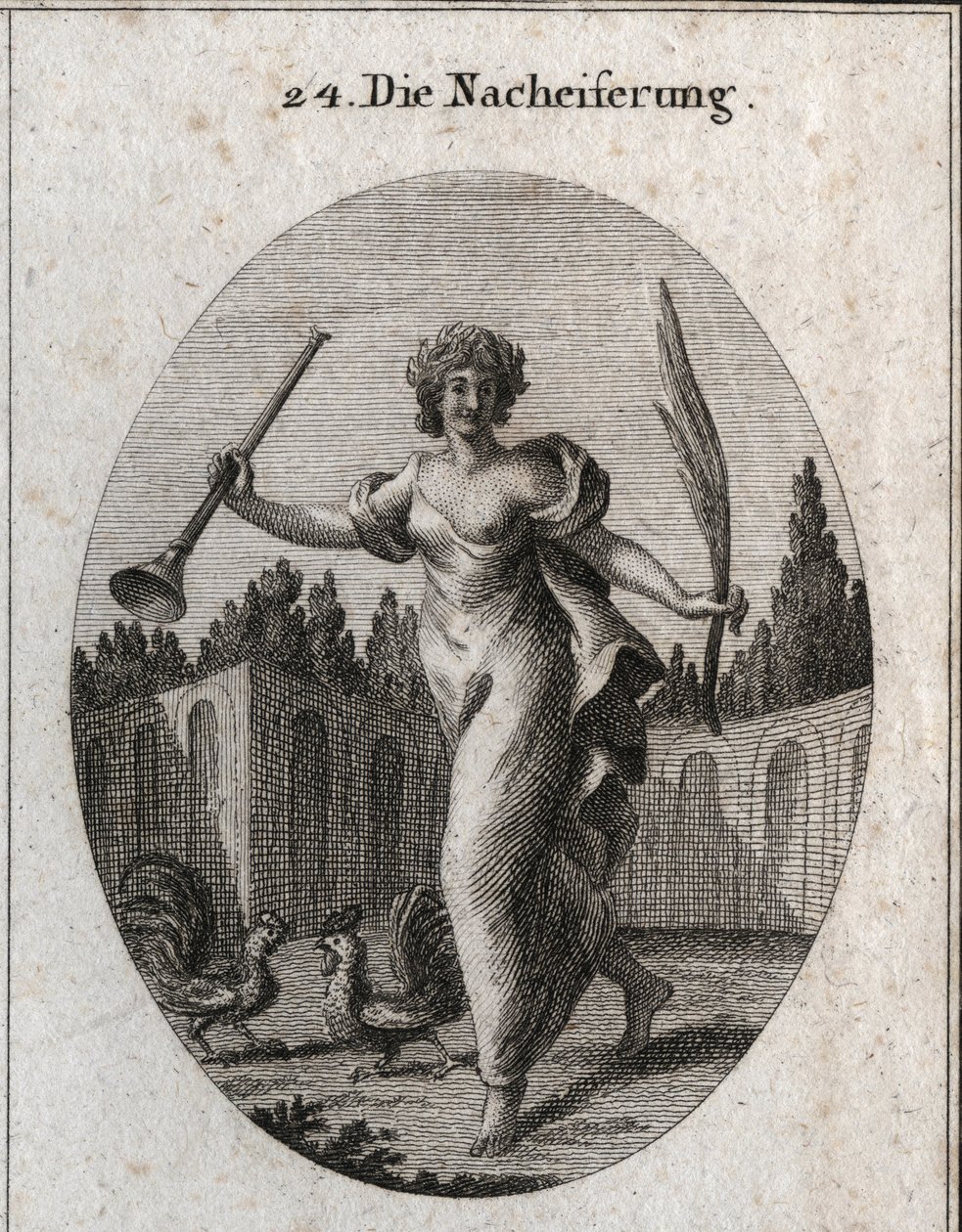Alegoria de emulação. A trombeta e a palma da mão simbolizam a recompensa atribuída ao merite. Os atributos são dois galos prontos para lutar. Gravação em "Iconologie oder Ideen aus dem Gebiete der Leidenschaften und Allegorien bildestellt dargestellt fur  de Austrian School