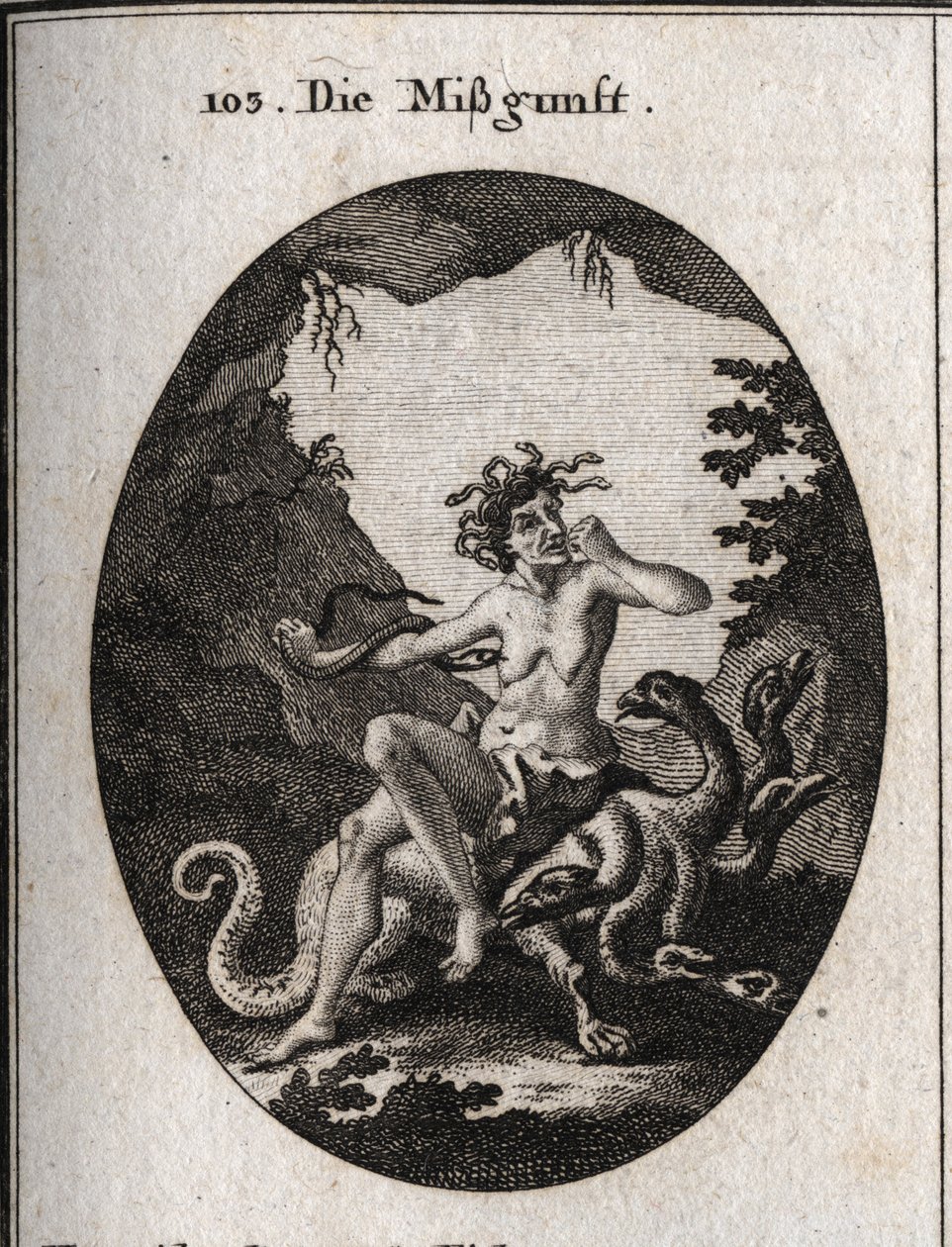 Alegoria de inveja sob a forma de uma mulher velha muito feia. Com raiva, ela morde o punho e uma cobra tenta morder o seu coração. Ela está sentada numa hidra, um monstro parecido com ela. Gravação em "Iconologie oder Ideen aus dem Gebiete der Leidenschaf de Austrian School