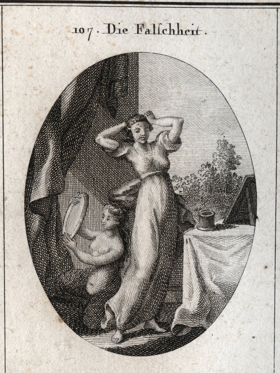 Alegoria de falsidade. O seu emblema é uma sirene a olhar para si mesma num espelho. Gravação em "Iconologie oder Ideen aus dem Gebiet der Leidenschaften und Allegorien bildestellt fur Zeichner, Mahler, Dichter, Gelehrte, Erzieher und freunde Hoherer G de Austrian School