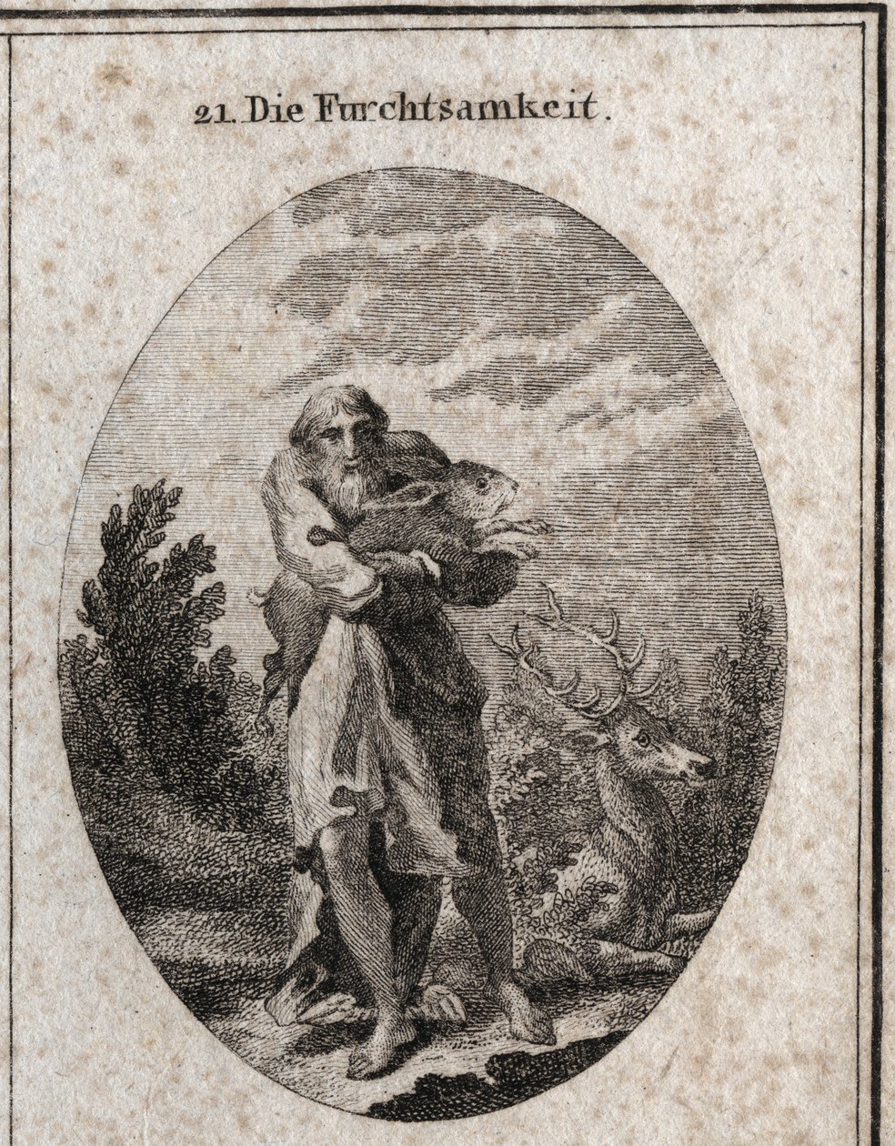 Alegoria do medo sob o disfarce de um homem velho com asas de pés propícias à fuga. Seus atributos são a lebre e o veado. Gravura em "Iconologie oder Ideen aus dem Gebiete der Leidenschaften und Allegorien bildestellt dargestellt fur Zeichner, Mahler, Dich de Austrian School