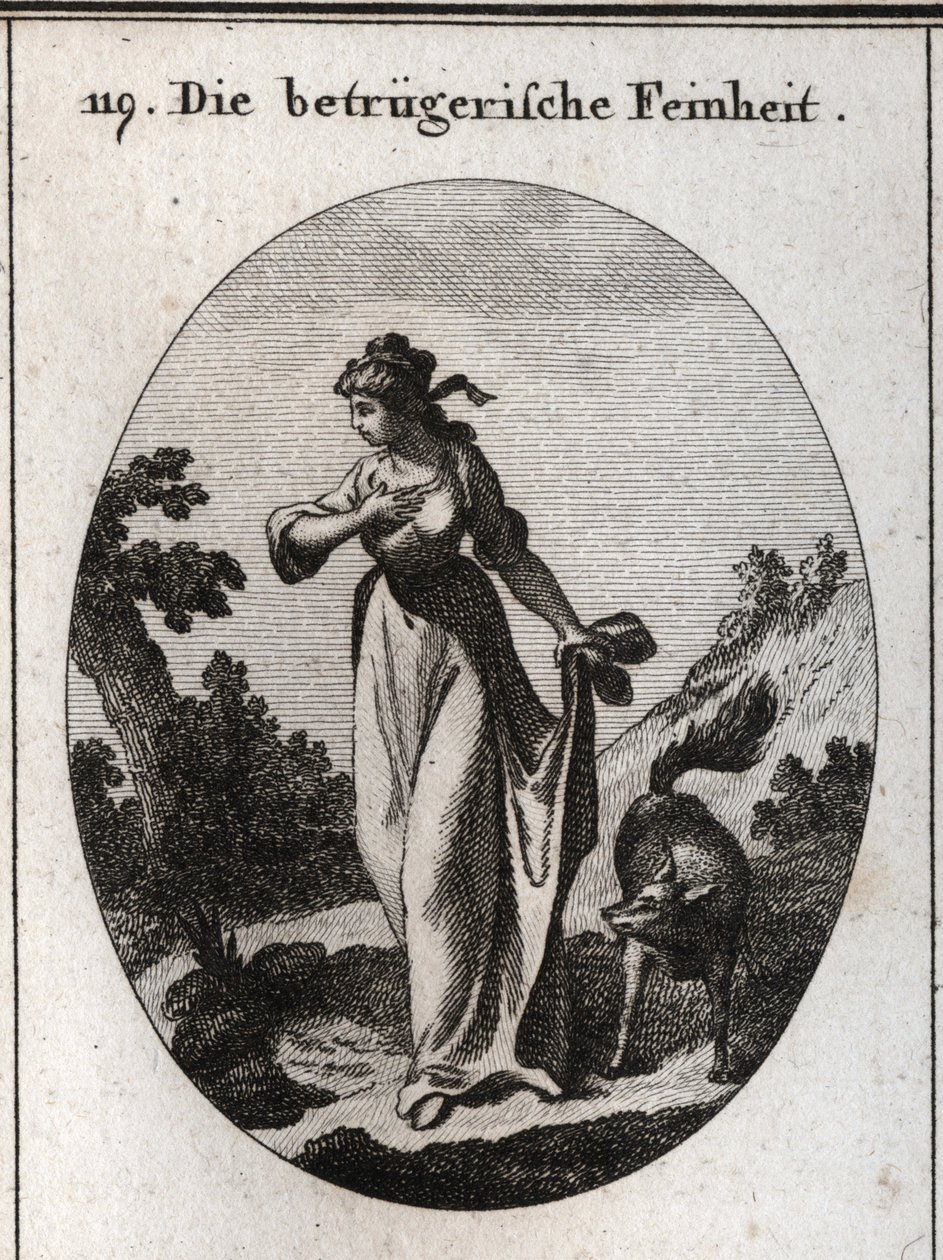 Alegoria de fineza que tende a enganar. Ela é representada com uma mão no peito e outra atrás dela segurando um símbolo de engano. Gravura em "Iconologie oder Ideen aus dem Gebiete der Leidenschaften und Allegorien bildich dargestellt de Austrian School