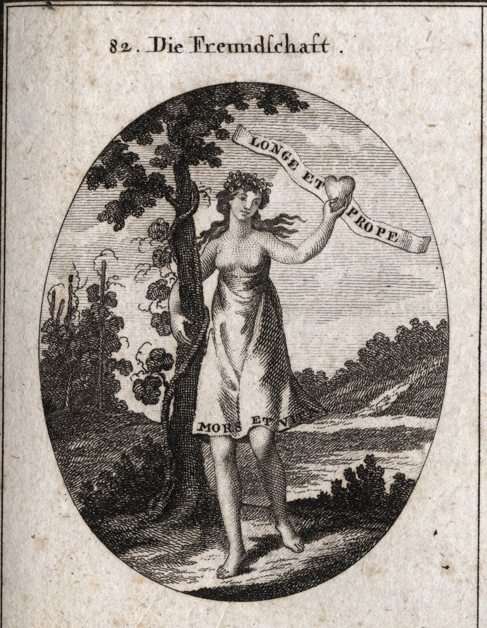 Alegoria de amizade. As flores de murta e romãzeira na sua coroa são símbolos de amor e harmonia. Mostra um coração com esta inscrição: "Longe et prope" (De longe e perto). Na parte inferior do seu vestido está escrito "Bitches et vita" (Morte e Vida). de Austrian School