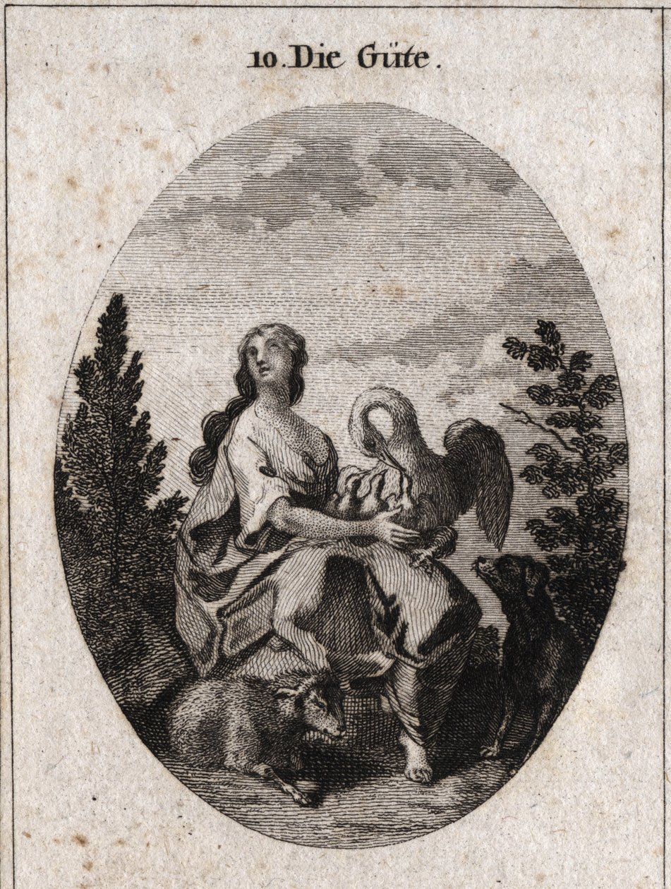 Alegoria da bondade representada por uma beleza nobre e abundante olhando para o céu com amor. Pelicano simboliza a caridade, a fidelidade do cão e o cordeiro, a doçura. Gravura em "Iconologie oder Ideen aus dem Gebiete der Leidenschaften und Allegorien bi de Austrian School